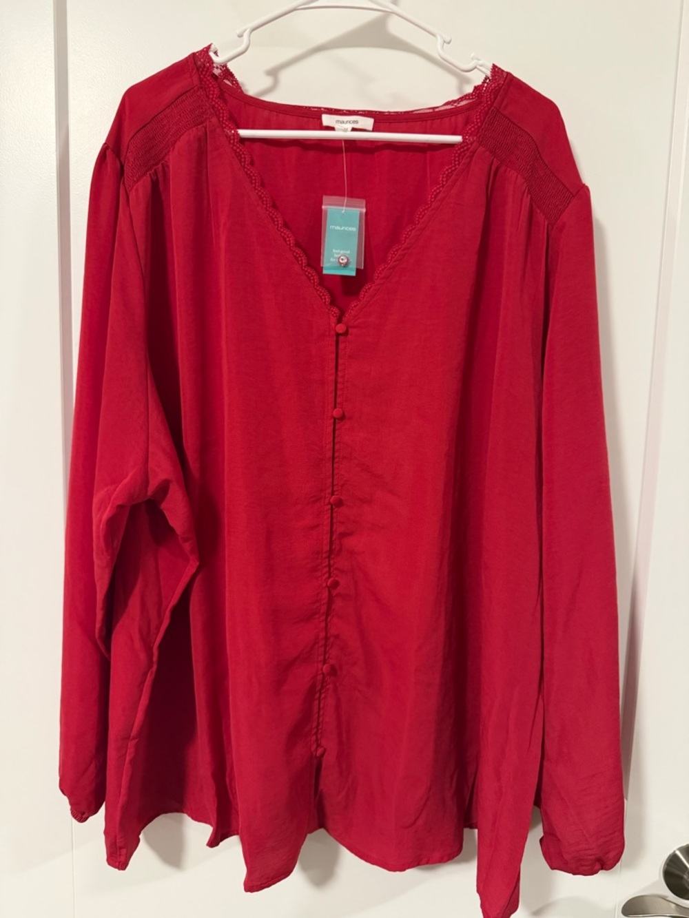 Women’s Maurice’s Red V Neck Lace Trim Button Up Top 3x NWT